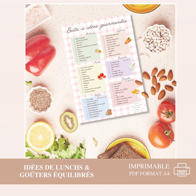 May include: A printable A4 PDF with the text "Boite &agrave; id&eacute;es gourmandes" and "Id&eacute;es de lunchs & go&ucirc;ters &eacute;quilibr&eacute;s". The image features a checklist with food categories and various food items like tomatoes, almonds, and kiwi.