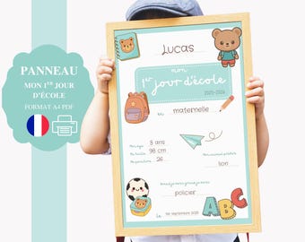 First day of school poster for boys - back to school sign for nursery, junior section or first grade boys - PDF souvenir photo A4 format