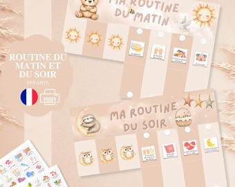Op de afbeelding: Kinderroutinekaarten met de tekst "MA ROUTINE DU MATIN" en "MA ROUTINE DU SOIR". De kaarten bevatten illustraties van een beer, zon, luiaard, uilen en andere iconen. Het kleurenschema is zacht beige en pasteltinten.