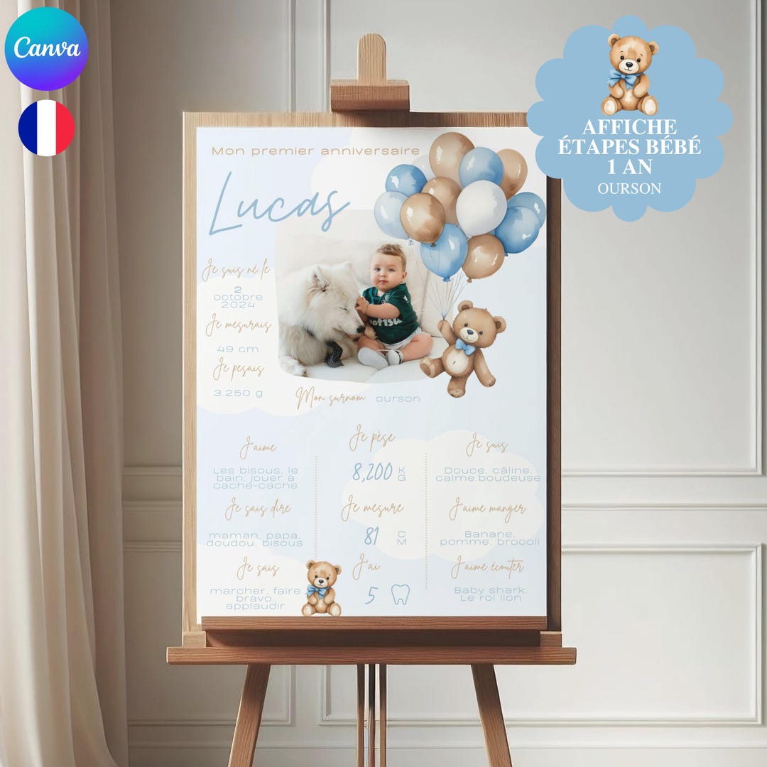 Baby Milestone Poster 1 Year Old Blue Teddy Bear Theme - Printable 1st ...