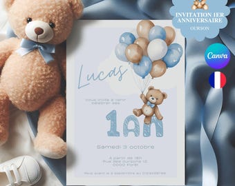 Customizable 1st birthday boy announcement to print - Sky blue teddy bear birthday invitation card in French, mobile size