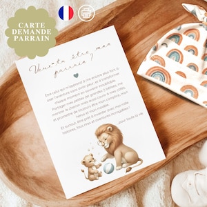 Original Godfather Request in French, Printable PDF Card A5, Touching Message, Will you be my godfather, drawing of lions with balloon