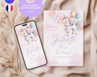 Customizable Unicorn Birthday Invitation to Print - Little Girl's Birthday Invitation Card - Digital Card in French