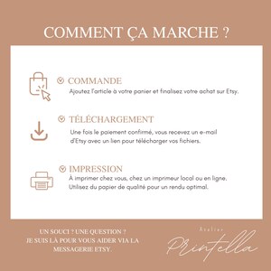 May include: A beige graphic with the text "COMMENT &Ccedil;A MARCHE ?" and instructions for purchasing and downloading digital products on Etsy. The steps include ordering, downloading, and printing. The Printella logo is in the bottom right corner.