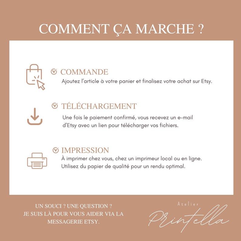May include: A beige graphic with the text "COMMENT &Ccedil;A MARCHE ?" and instructions for purchasing and downloading digital products on Etsy. The steps include ordering, downloading, and printing. The Printella logo is in the bottom right corner.