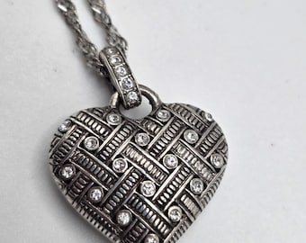 BRIGHTON 'Diamond Lace' Necklace Puff Heart Reversible Crystals Silver Plate 18"