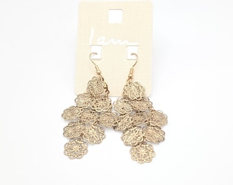 I AM Brand Earrings Cascading Flower Filigree Chandelier Gold Tone Dangle Drop