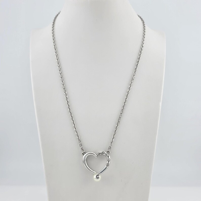 BRIGHTON 'Adorenme' Necklace Reversible Open Heart Faux Pearl Silver Plate 18" image 3