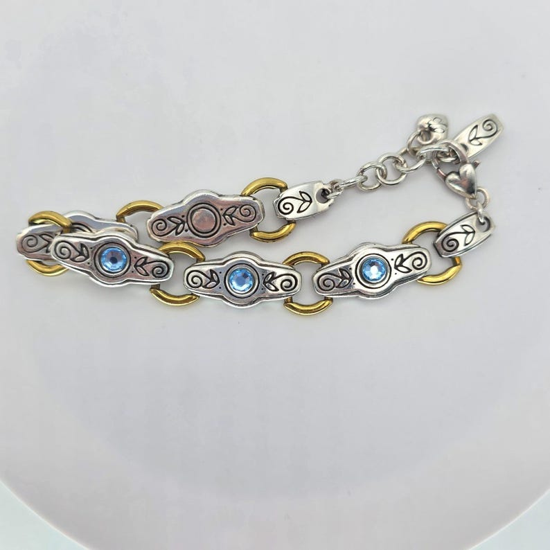 BRIGHTON "Celestial Blue" Bracelet Silver & Gold Plate Link Icy Blue Crystal 8" image 1