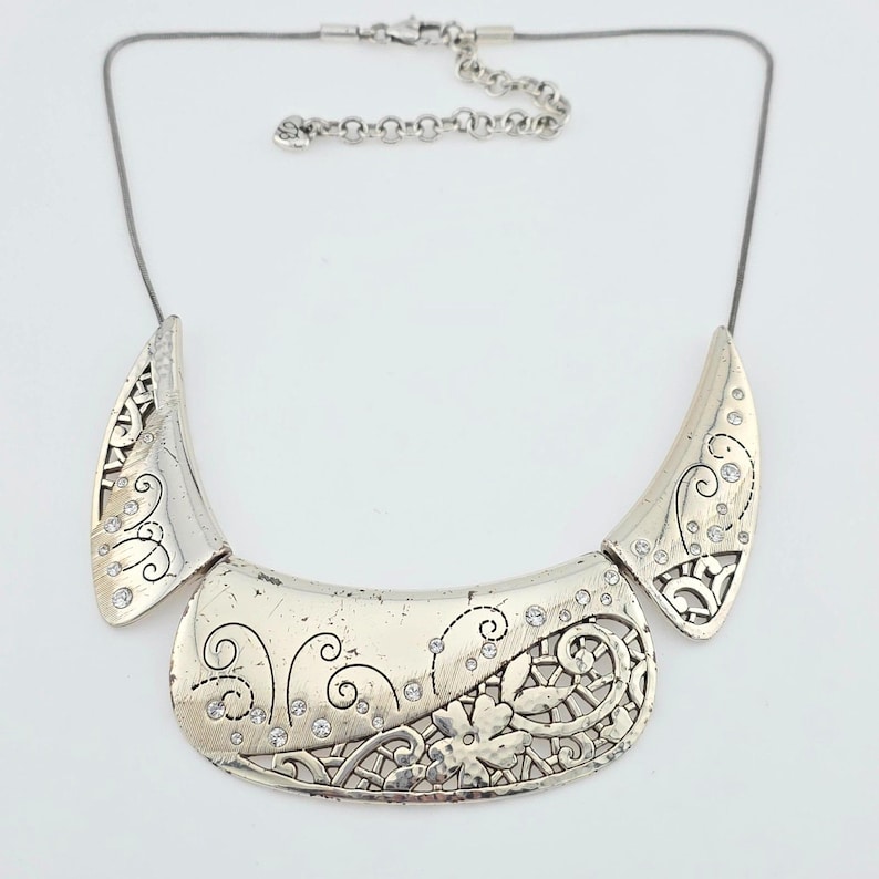 BRIGHTON "Flower Collar Statement" Necklace Crystal Accents Silver Plate 16" image 1