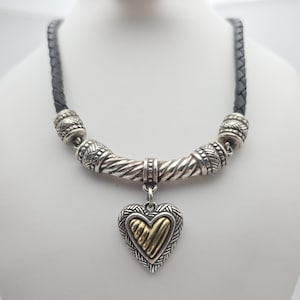 BRIGHTON Heart Pendant Necklace Gold Silver Plate Black Leather Braided Cord 16" image 1