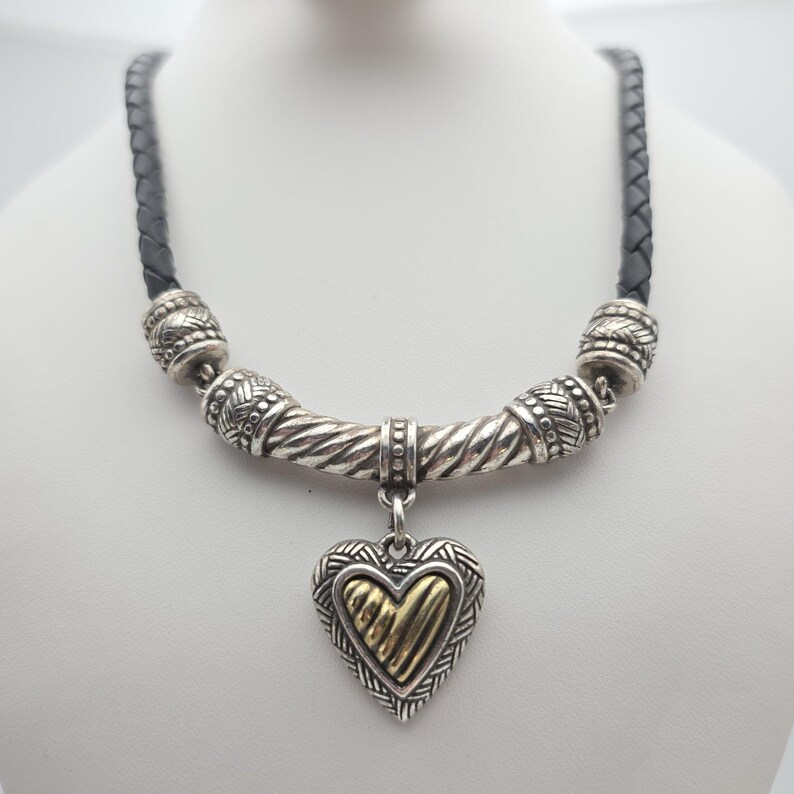 BRIGHTON Heart Pendant Necklace Gold Silver Plate Black Leather Braided Cord 16" image 1