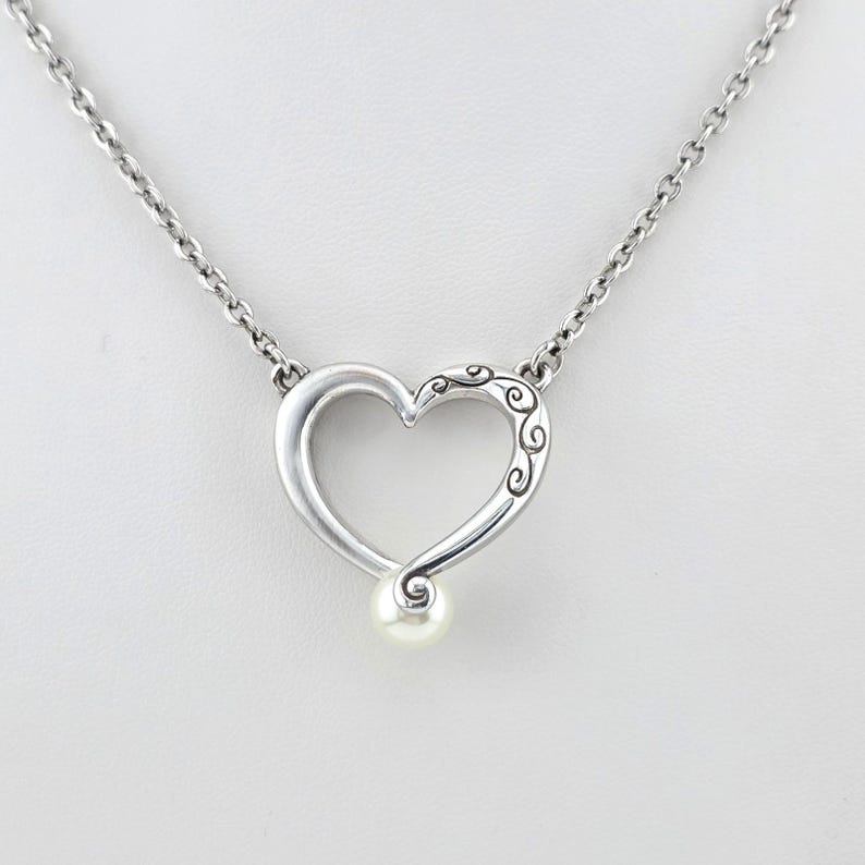 BRIGHTON 'Adorenme' Necklace Reversible Open Heart Faux Pearl Silver Plate 18" image 1
