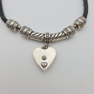 BRIGHTON Heart Pendant Necklace Gold Silver Plate Black Leather Braided Cord 16" image 3