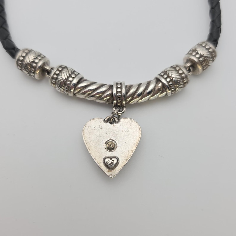 BRIGHTON Heart Pendant Necklace Gold Silver Plate Black Leather Braided Cord 16" image 3