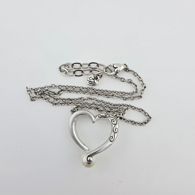 BRIGHTON 'Adorenme' Necklace Reversible Open Heart Faux Pearl Silver Plate 18" image 4