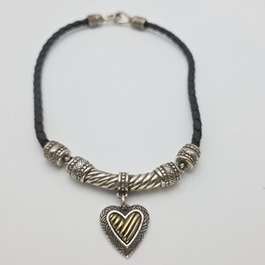 BRIGHTON Heart Pendant Necklace Gold Silver Plate Black Leather Braided Cord 16" image 2