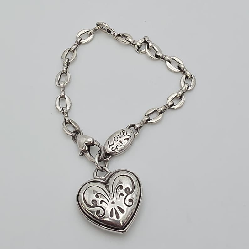 BRIGHTON Love Heart Charm Bracelet Scrollwork Silver Plate 6.5" FREE HIPPING!! image 1