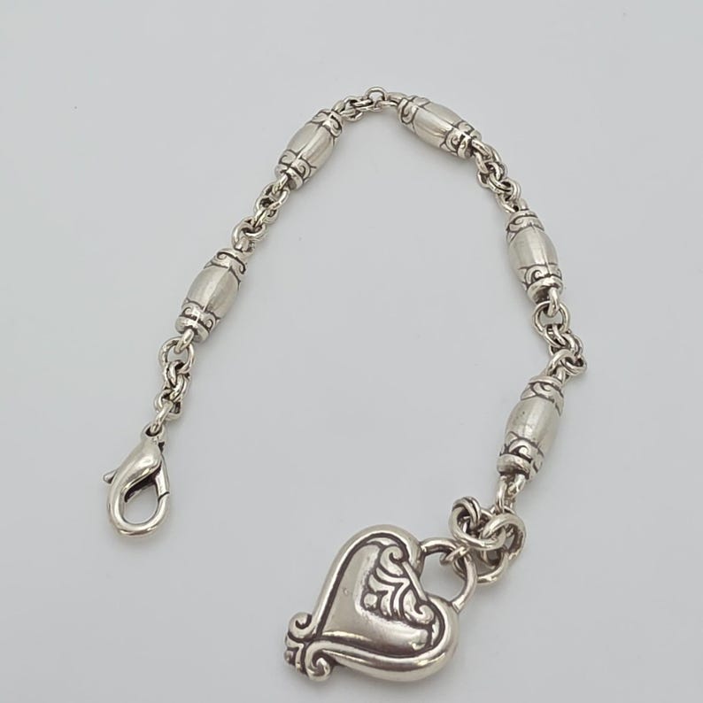 BRIGHTON 'Blaire Heart' Charm Bracelet Barrel Links Silver Plate 6.75" FREE HIP image 6