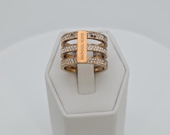 MICHAEL KORS Tri-Bar Ring Pavé Crystal Encrusted Rose Gold Tone Size 7 FREE hip