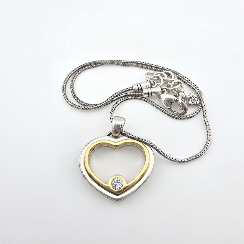 BRIGHTON 'Open Heart' Necklace Reversibe Crystal Accent Silver & Gold Plate 18" image 1