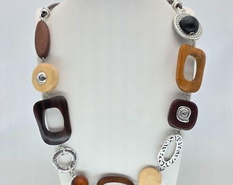 BRIGHTON "Silverwood" Necklace Wood & Silver Plate Beeds Double Strand Cord 30"