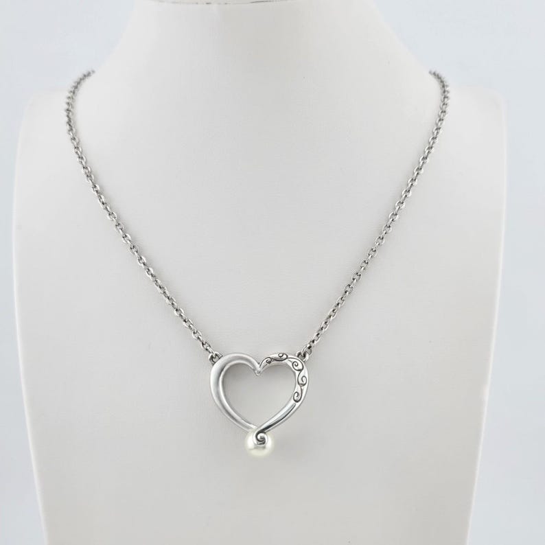 BRIGHTON 'Adorenme' Necklace Reversible Open Heart Faux Pearl Silver Plate 18" image 2