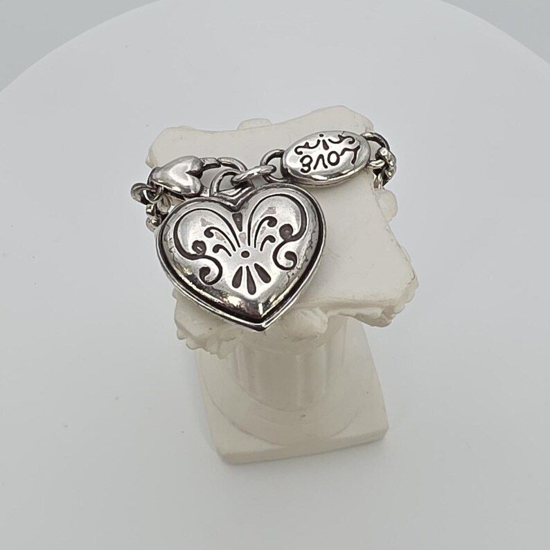 BRIGHTON Love Heart Charm Bracelet Scrollwork Silver Plate 6.5" FREE HIPPING!! image 2