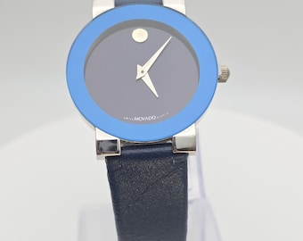 MOVADO Museum Damklocka Schweiziskt Urverk Blå Urtavla Marinblå Bezel Nytt Batteri