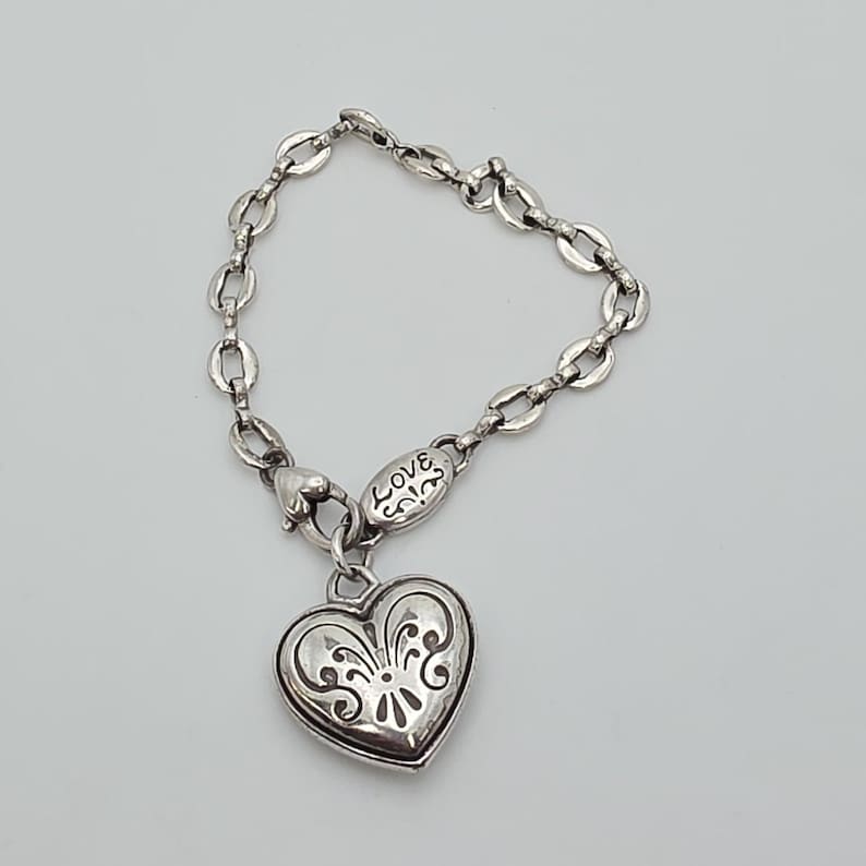 BRIGHTON Love Heart Charm Bracelet Scrollwork Silver Plate 6.5" FREE HIPPING!! image 3