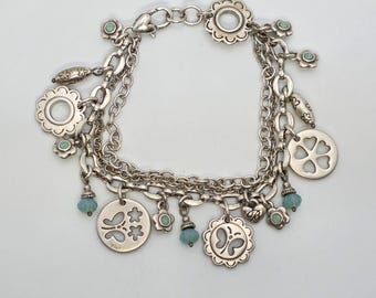 BRIGHTON "Glass Wings" Charm Bracelet Butterfly Blue Crystals Silver Plate 7.25"