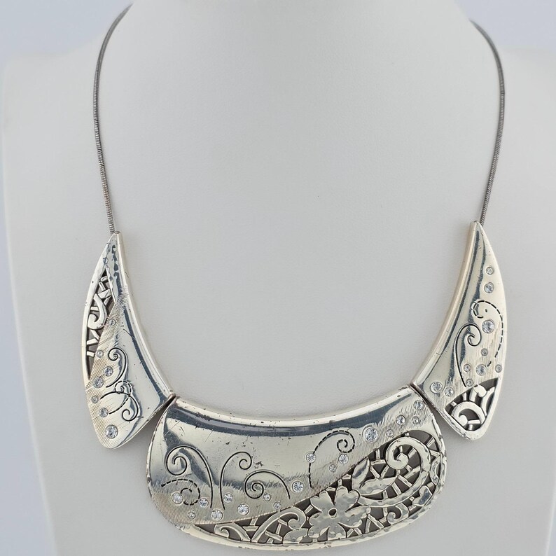 BRIGHTON "Flower Collar Statement" Necklace Crystal Accents Silver Plate 16" image 5