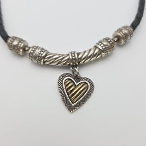 BRIGHTON Heart Pendant Necklace Gold Silver Plate Black Leather Braided Cord 16" image 4