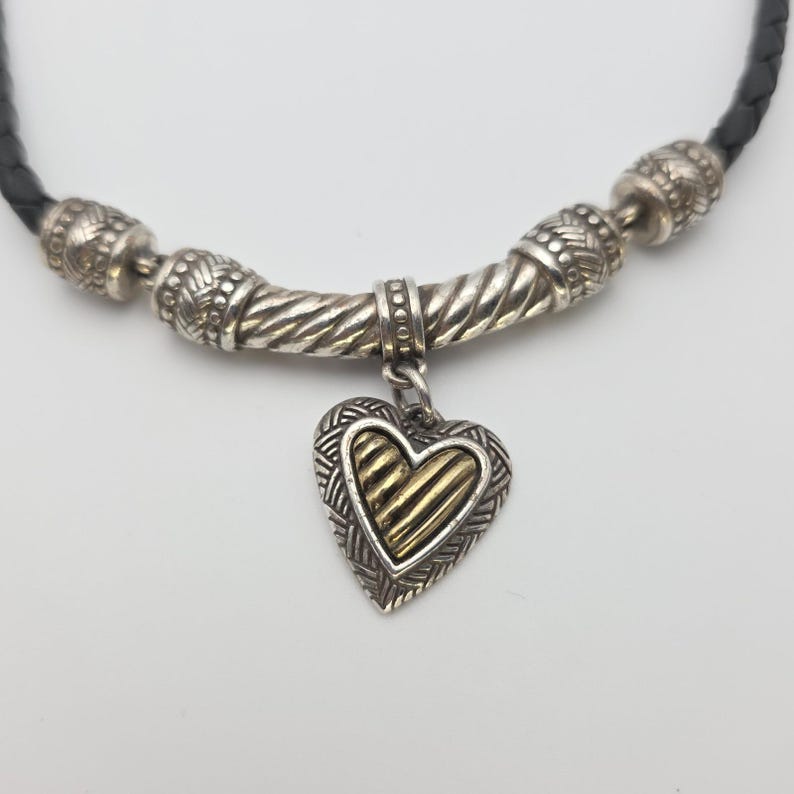 BRIGHTON Heart Pendant Necklace Gold Silver Plate Black Leather Braided Cord 16" image 4