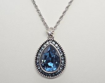 BRIGHTON "Raindrop" Necklace Reversible Blue SWAROVSKI Crystals Silver Plate 19"