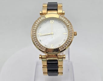New CHICO'S Ladies Watch Mother of Pearl CZ Encrusted Black Gold Tone Band