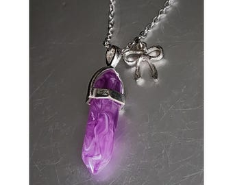 925 Sterling Silver Necklace Faux Amethyst Crystal Bow Stainless Chain 16"