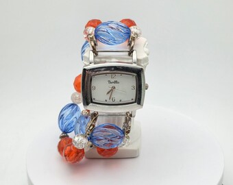 Vtg BUMBLES Watch Orange Blue 2-Strand Beaded Removable Stretch Band New Battery