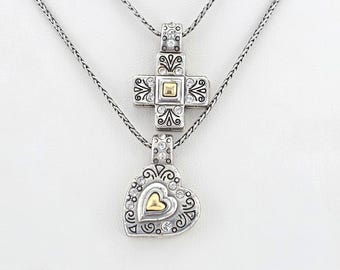 BRIGHTON Double Strand Necklace Scrollwork Heart & Cross Gold  Silver Plate 18"