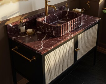 Red Marble Fluted Sink – Custom Vanity Top Stone Sink Basin for Bathroom Vanity, Luxury Natural Marble Sink M2F59