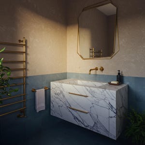 Luxurious Carrara Marble Bathroom Vanity with Gold Fixtures – Modern Floating Design, Premium Natural Stone Elegance M2S54