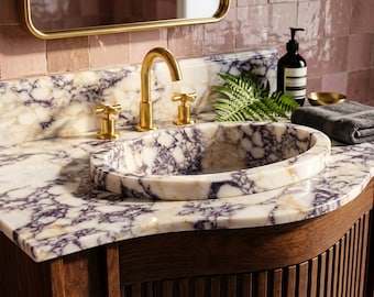 Marble Pedestal Sink | Custom Calacatta Viola Marble Vanity Basin with Backsplash and Wood Vanity, Bold Veined Statement Stone