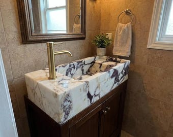 Rectangular Calacatta Viola Marble Sink – Compact Stone Basin – Custom Bathroom Vanity Sink for Modern Powder Room M2S041