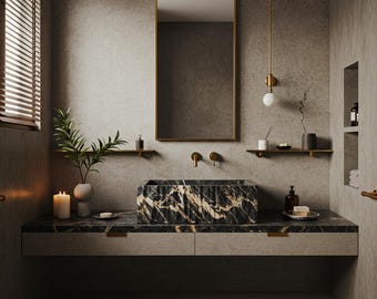Custom Picasso Marble Sink with Floating Vanity Top – Natural Marble Sink, Stone Bathroom Sink, Stone Vessel Sink for Modern Interiors M2S61