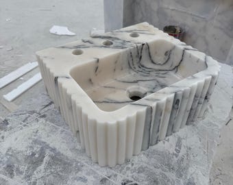Calacatta Marble Fluted Sink: Luxury Bathroom Vessel Basin M2S66
