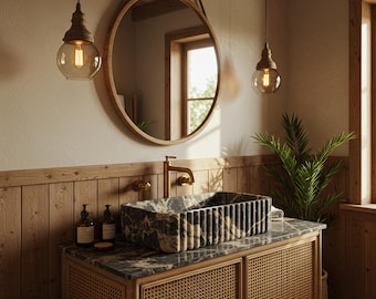 Custom Fluted Picasso Marble Sink with Solid Wood Vanity – Natural Stone Bathroom Elegance M2F51