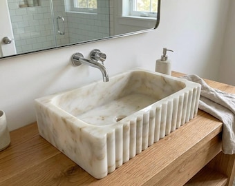 Fluted Calacatta Gold Marble Sink: Rectangular Stone Basin M2S64