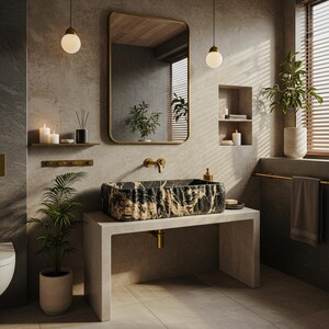 May include: A modern bathroom with a black and gold marble sink, gold fixtures, and a rectangular mirror. The room features neutral tones, plants, and pendant lights, creating a spa-like atmosphere. The sink is mounted on a concrete-style vanity.