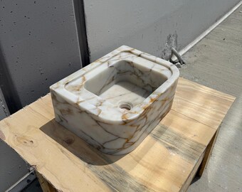 Oval Calacatta Gold Marble Sink – Compact Natural Stone Basin – Custom Bathroom Vanity Sink for Powder Room M2S69