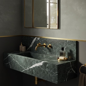 Green Marble Wall-Mounted Sink – Luxury Green Marble Basin with White Veining, Custom Design for Modern and Classic Bathrooms